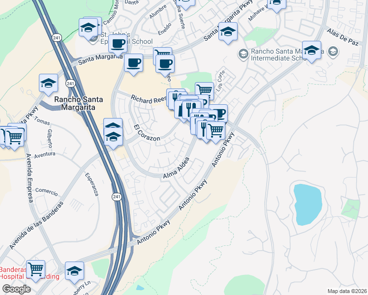 map of restaurants, bars, coffee shops, grocery stores, and more near 190 Calle De Los Ninos in Rancho Santa Margarita