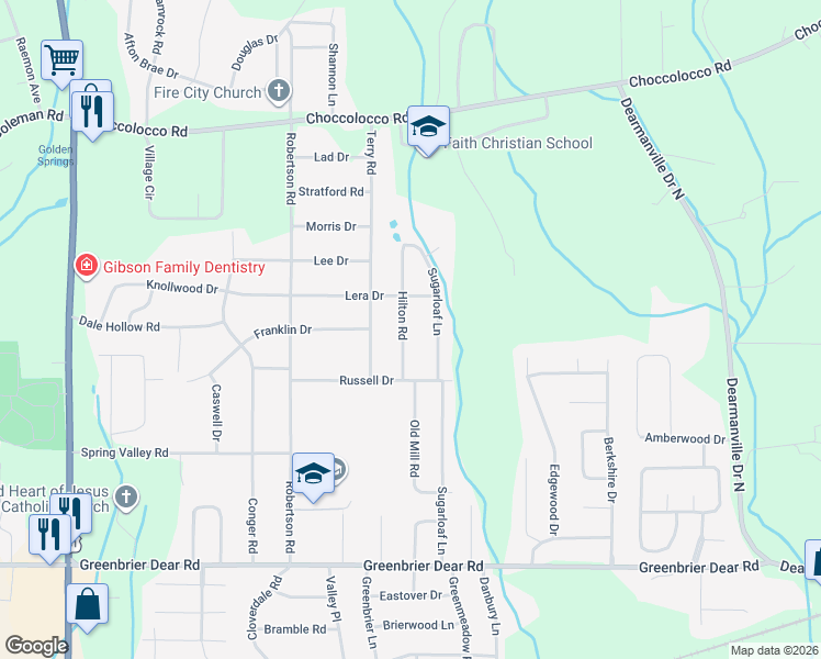 map of restaurants, bars, coffee shops, grocery stores, and more near 805 Hilton Road in Anniston