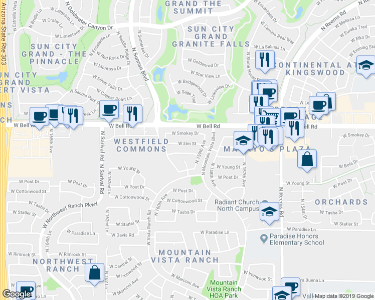 map of restaurants, bars, coffee shops, grocery stores, and more near 15924 West Lundberg Street in Surprise