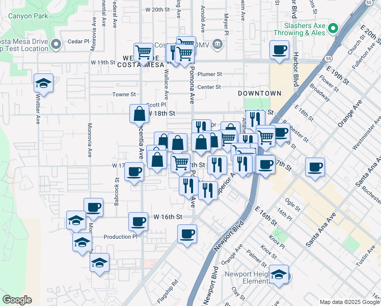 map of restaurants, bars, coffee shops, grocery stores, and more near 1719 Pomona Avenue in Costa Mesa