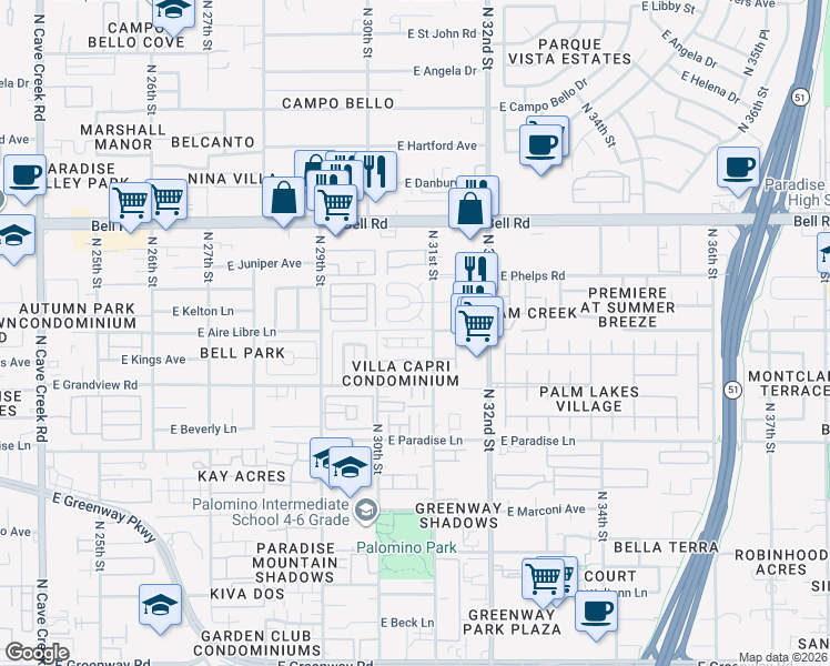 map of restaurants, bars, coffee shops, grocery stores, and more near 3032 East Kings Avenue in Phoenix