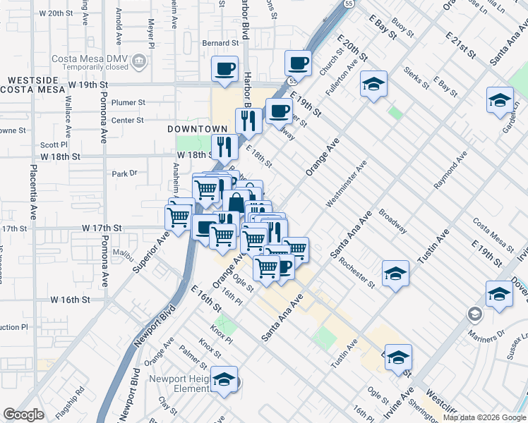 map of restaurants, bars, coffee shops, grocery stores, and more near 175 Rochester Street in Costa Mesa