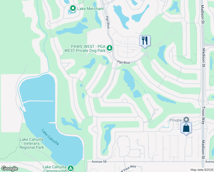 map of restaurants, bars, coffee shops, grocery stores, and more near 56655 Jack Nicklaus Boulevard in La Quinta