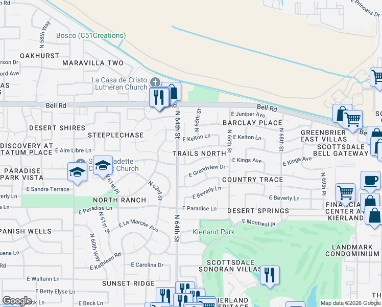 map of restaurants, bars, coffee shops, grocery stores, and more near 6418 East Aire Libre Lane in Scottsdale