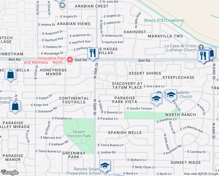 map of restaurants, bars, coffee shops, grocery stores, and more near 5704 East Aire Libre Avenue in Scottsdale