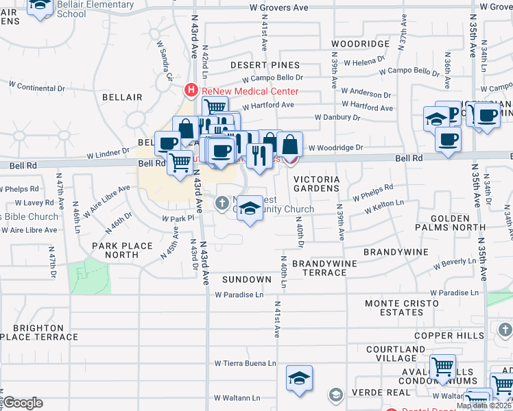 map of restaurants, bars, coffee shops, grocery stores, and more near 4045 West Bell Road in Phoenix