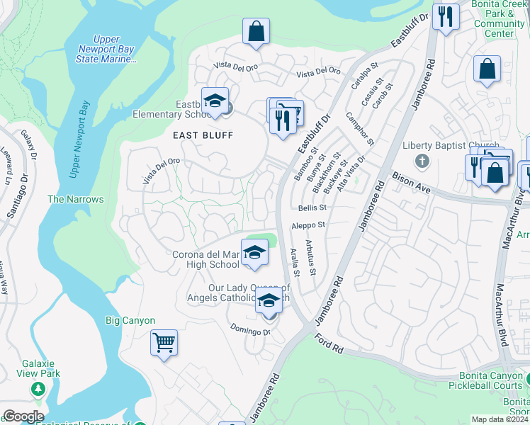 map of restaurants, bars, coffee shops, grocery stores, and more near 619 Hilvanar in Newport Beach