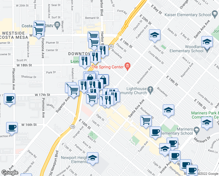 map of restaurants, bars, coffee shops, grocery stores, and more near 175 Rochester Street in Costa Mesa