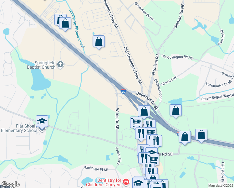 map of restaurants, bars, coffee shops, grocery stores, and more near 2053-2061 Iris Drive Southeast in Conyers