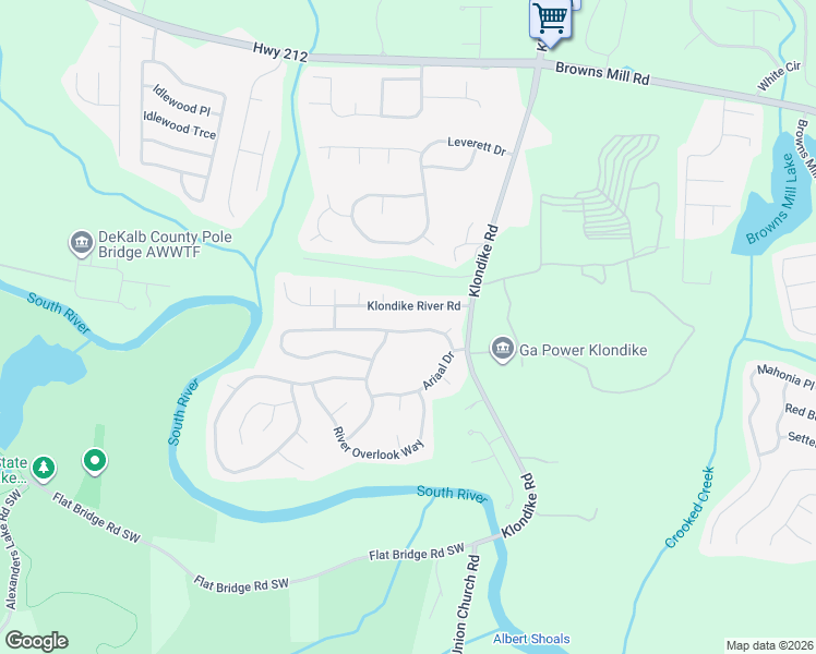 map of restaurants, bars, coffee shops, grocery stores, and more near 6331 Klondike River Road in Stonecrest