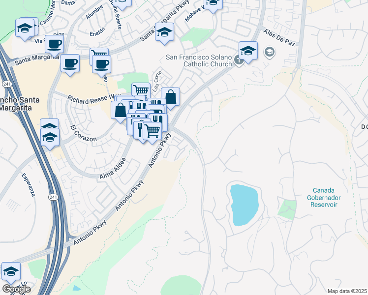 map of restaurants, bars, coffee shops, grocery stores, and more near 15 San Angelo in Rancho Santa Margarita