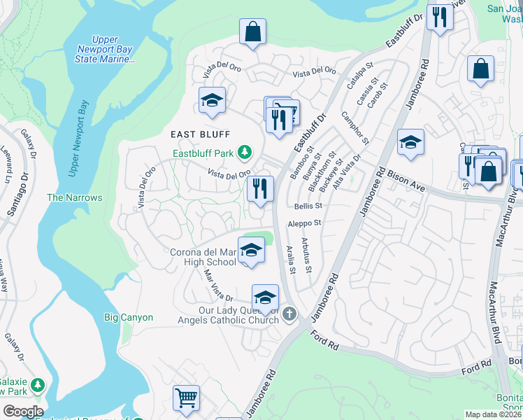 map of restaurants, bars, coffee shops, grocery stores, and more near 2221 Vista Hogar in Newport Beach