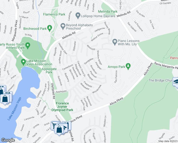 map of restaurants, bars, coffee shops, grocery stores, and more near 22411 Peartree in Mission Viejo