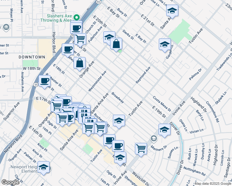 map of restaurants, bars, coffee shops, grocery stores, and more near 316 Broadway in Costa Mesa