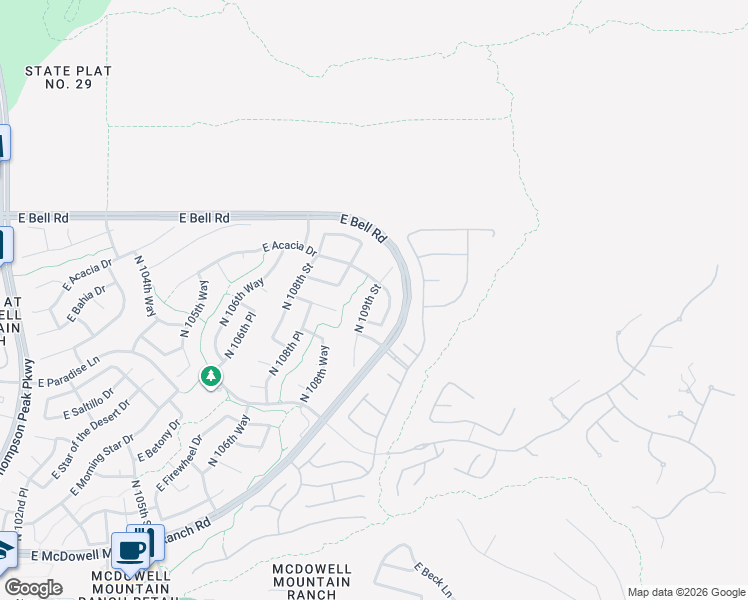 map of restaurants, bars, coffee shops, grocery stores, and more near 16633 North 109th Place in Scottsdale