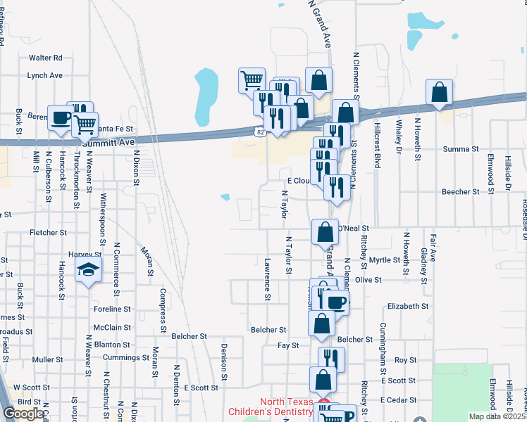 map of restaurants, bars, coffee shops, grocery stores, and more near 1100 Lawrence Street in Gainesville