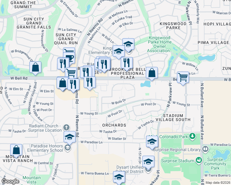 map of restaurants, bars, coffee shops, grocery stores, and more near 15267 West Smokey Drive in Surprise
