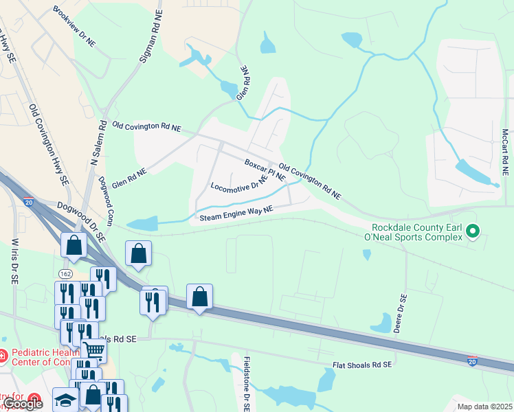 map of restaurants, bars, coffee shops, grocery stores, and more near 1515 Locomotive Drive Northeast in Conyers