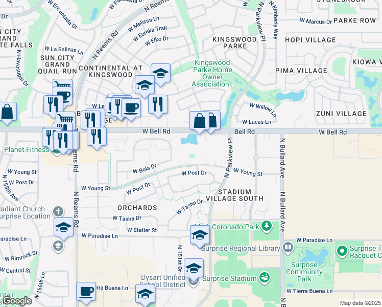 map of restaurants, bars, coffee shops, grocery stores, and more near 15048 West Young Street in Surprise