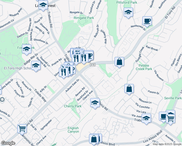map of restaurants, bars, coffee shops, grocery stores, and more near 99 Trabuco Road in Lake Forest