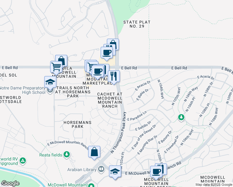 map of restaurants, bars, coffee shops, grocery stores, and more near 16700 North Thompson Peak Parkway in Scottsdale