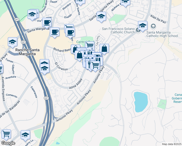 map of restaurants, bars, coffee shops, grocery stores, and more near 22461 Antonio Parkway in Rancho Santa Margarita