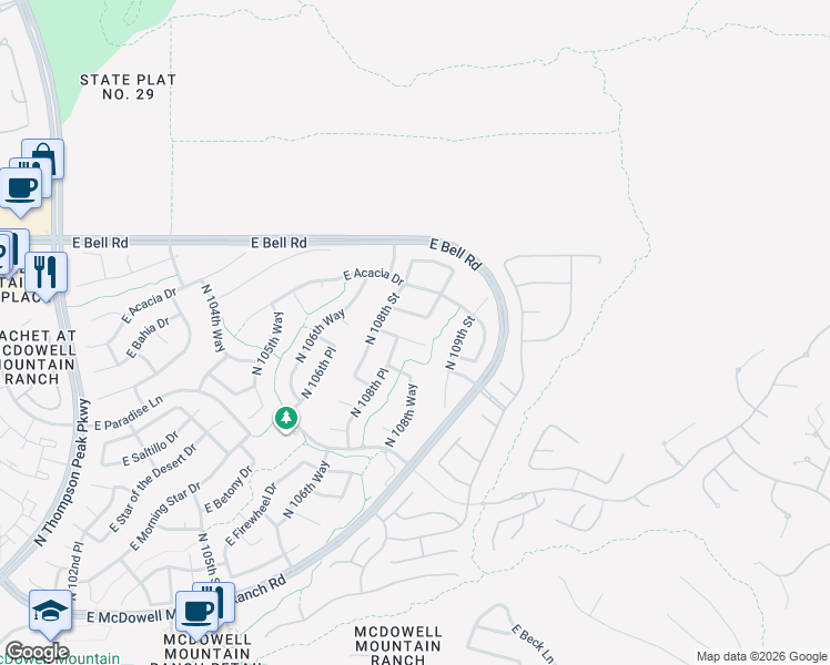 map of restaurants, bars, coffee shops, grocery stores, and more near 10849 East Jasmine Drive in Scottsdale