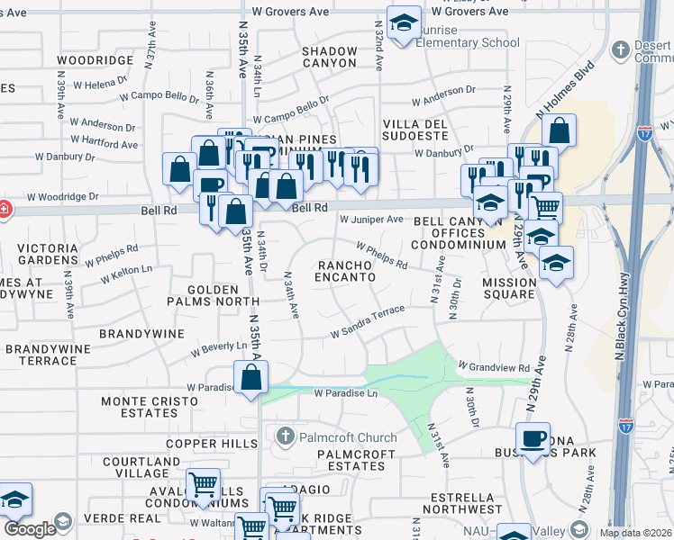map of restaurants, bars, coffee shops, grocery stores, and more near 3330 West Kelton Lane in Phoenix
