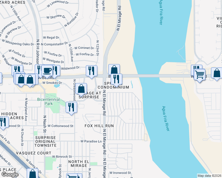 map of restaurants, bars, coffee shops, grocery stores, and more near 12221 West Bell Road in Surprise