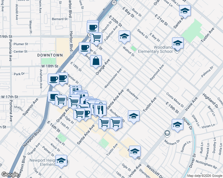 map of restaurants, bars, coffee shops, grocery stores, and more near 249 Magnolia Street in Costa Mesa