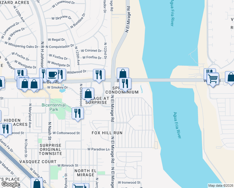 map of restaurants, bars, coffee shops, grocery stores, and more near 12221 West Bell Road in Surprise