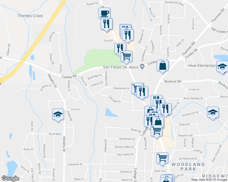 map of restaurants, bars, coffee shops, grocery stores, and more near 799 Kennesaw Drive in Forest Park