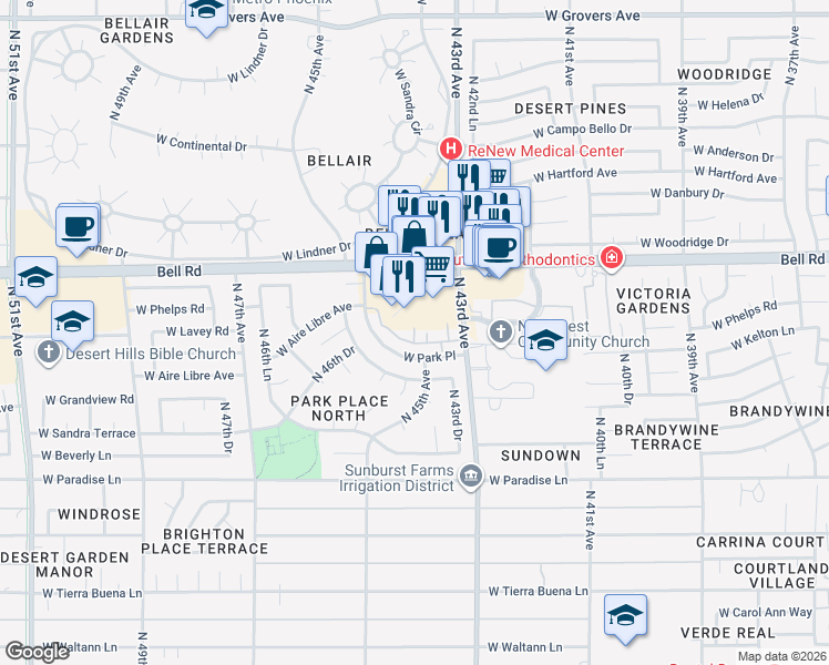 map of restaurants, bars, coffee shops, grocery stores, and more near 4343 West Bell Road in Glendale