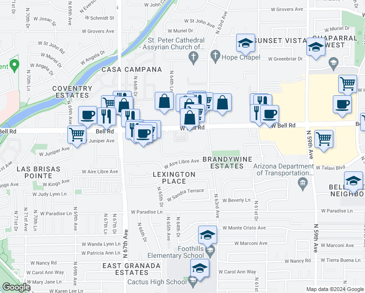 map of restaurants, bars, coffee shops, grocery stores, and more near 6443 West Bell Road in Glendale