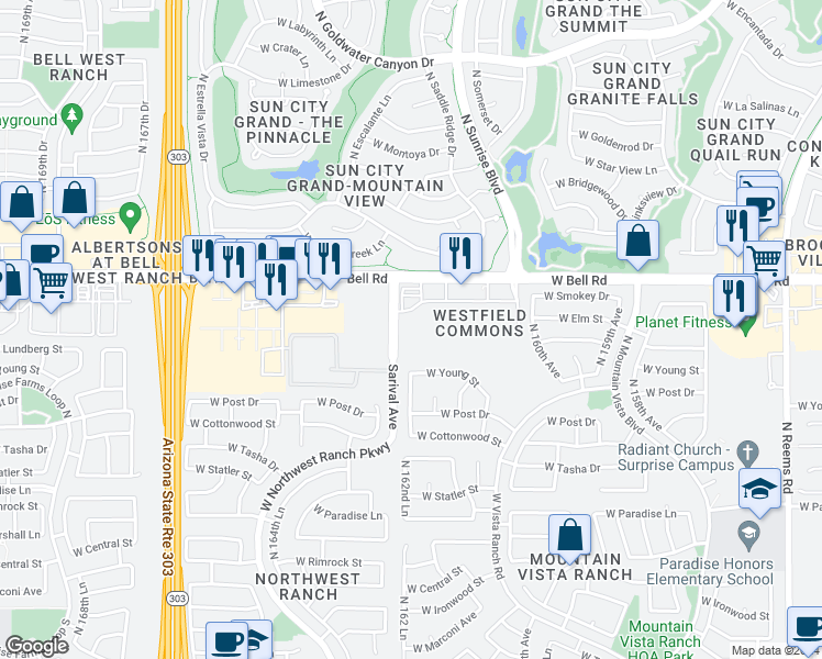 map of restaurants, bars, coffee shops, grocery stores, and more near 16247 West Bell Road in Surprise