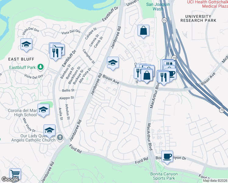 map of restaurants, bars, coffee shops, grocery stores, and more near 71 Bradbury in Newport Beach
