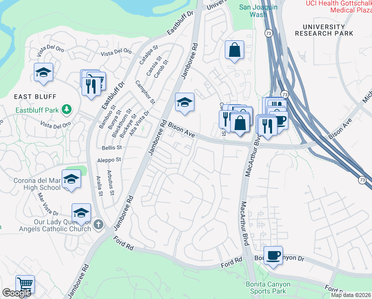 map of restaurants, bars, coffee shops, grocery stores, and more near 71 Bradbury in Newport Beach