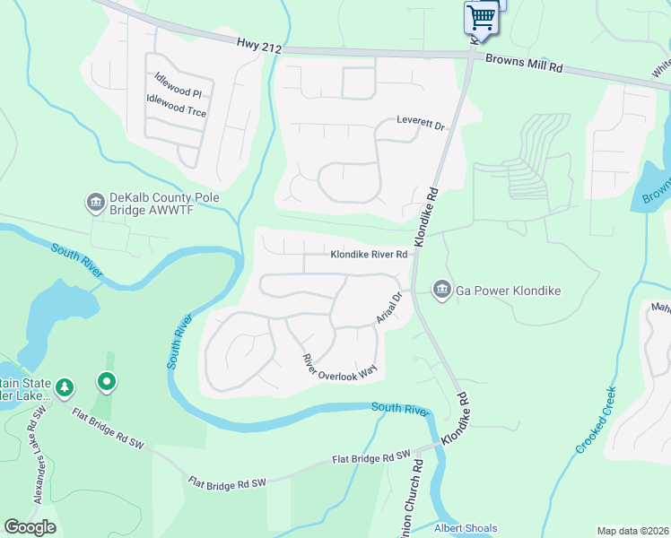 map of restaurants, bars, coffee shops, grocery stores, and more near 6295 Klondike River Road in Stonecrest
