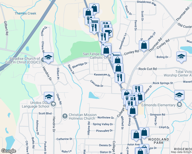 map of restaurants, bars, coffee shops, grocery stores, and more near 799 Kennesaw Drive in Forest Park