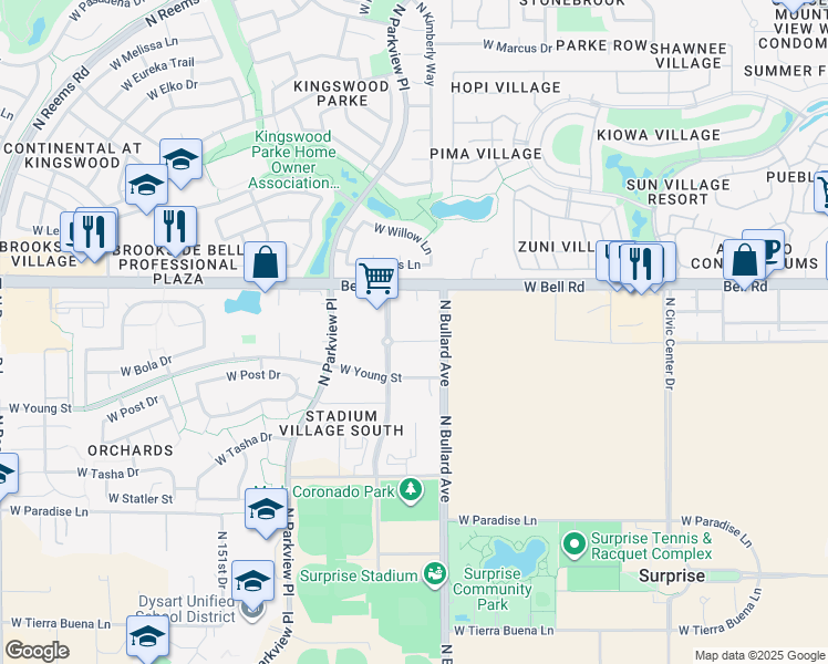 map of restaurants, bars, coffee shops, grocery stores, and more near 14823 North Stadium Way in Surprise
