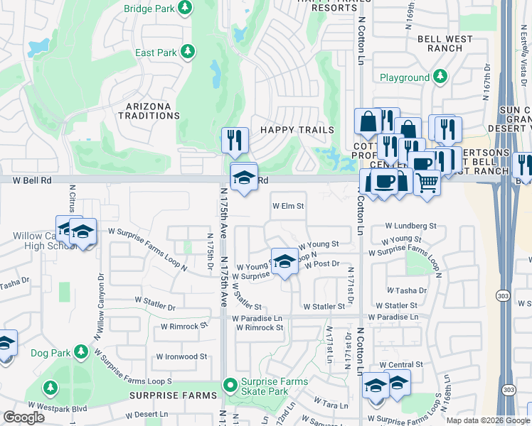 map of restaurants, bars, coffee shops, grocery stores, and more near 16734 North 173rd Avenue in Surprise