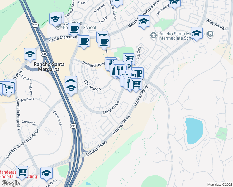 map of restaurants, bars, coffee shops, grocery stores, and more near 190 Calle De Los Ninos in Rancho Santa Margarita