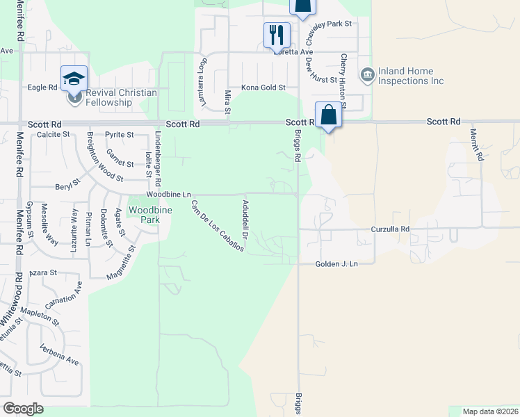 map of restaurants, bars, coffee shops, grocery stores, and more near Aduddell Drive in Menifee