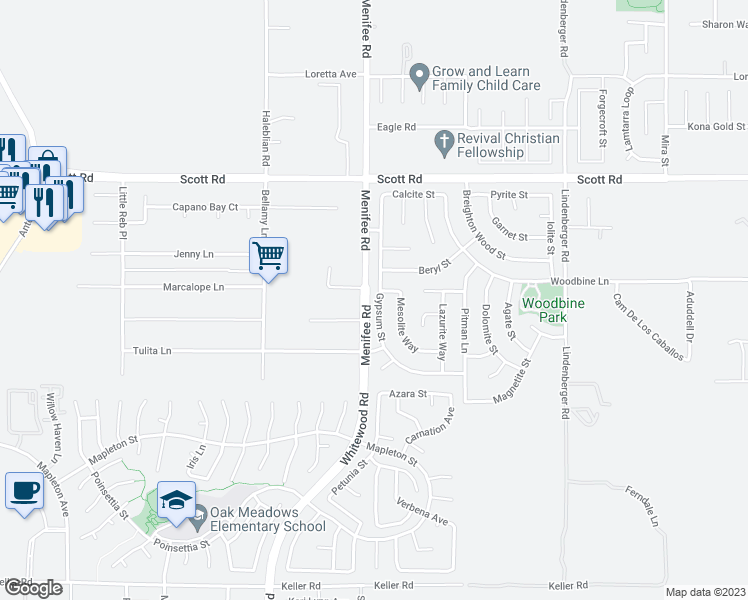 map of restaurants, bars, coffee shops, grocery stores, and more near 33263 Gypsum Street in Menifee
