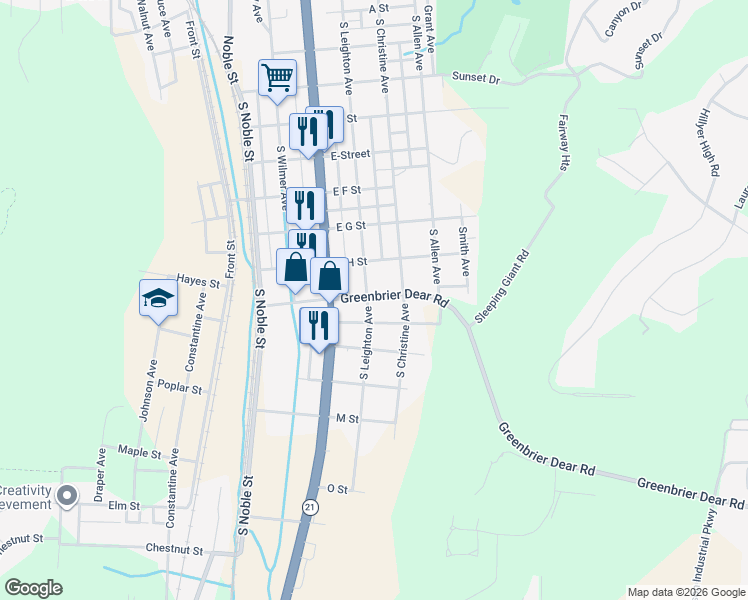 map of restaurants, bars, coffee shops, grocery stores, and more near 215 I Street in Anniston