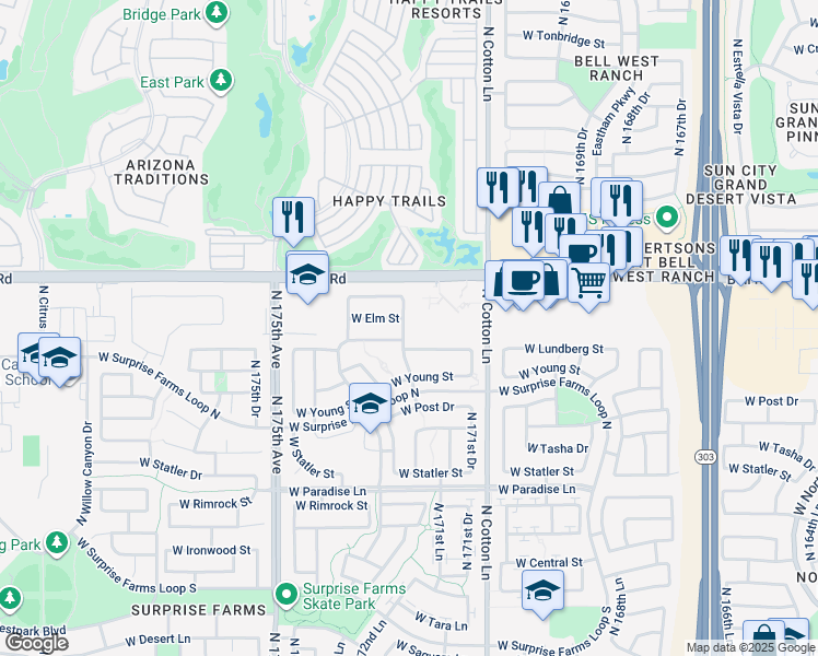 map of restaurants, bars, coffee shops, grocery stores, and more near 16731 North 172nd Avenue in Surprise