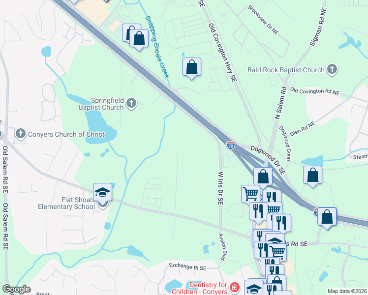 map of restaurants, bars, coffee shops, grocery stores, and more near 2114 Teri Lane Southeast in Conyers