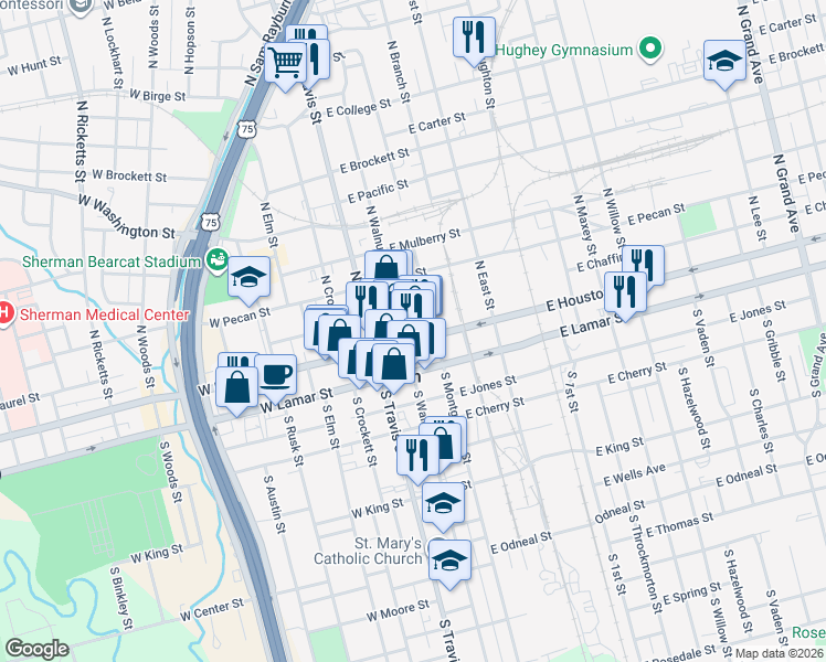 map of restaurants, bars, coffee shops, grocery stores, and more near 115 North Walnut Street in Sherman