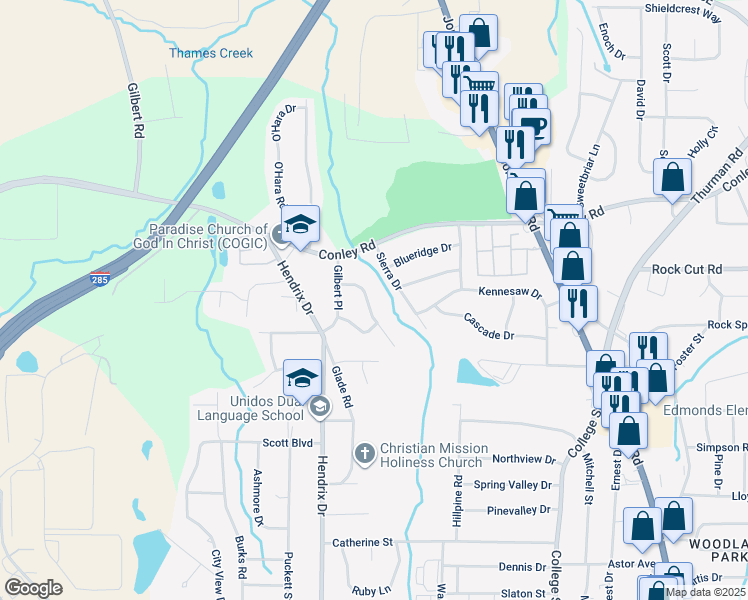 map of restaurants, bars, coffee shops, grocery stores, and more near 4304 Brookside Drive in Forest Park