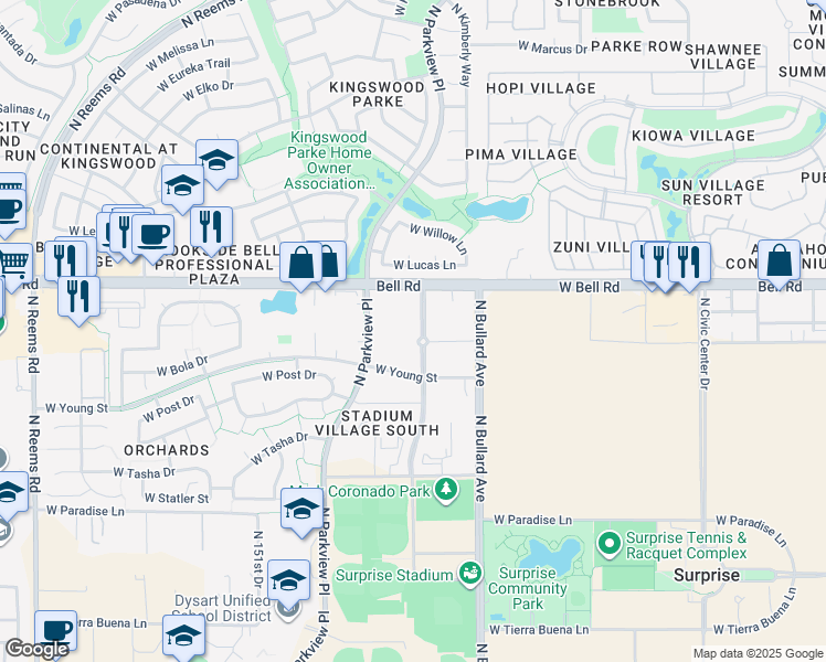 map of restaurants, bars, coffee shops, grocery stores, and more near 14823 North Stadium Way in Surprise